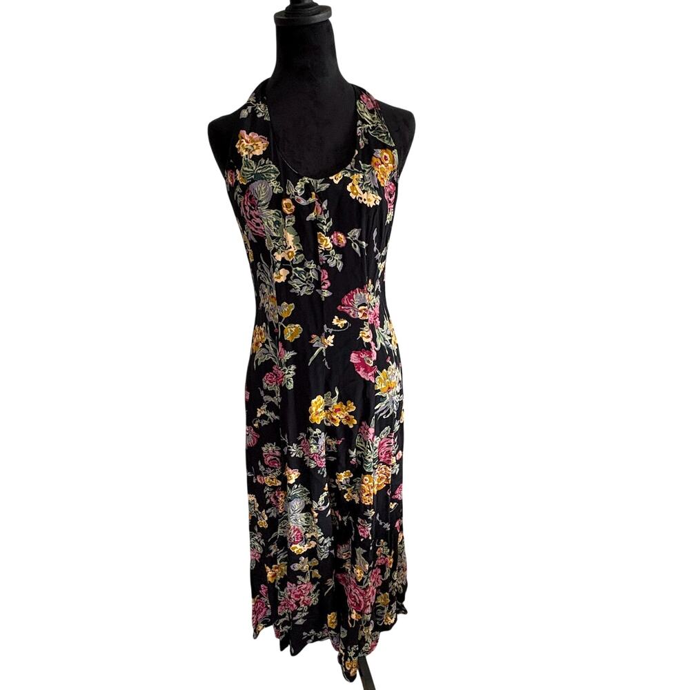 Sue Wong Black Floral Rayon Halter Maxi Dress Petite 90s Whimsigoth Vintage